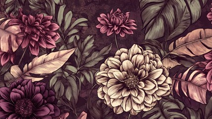Fototapeta premium Elegant Floral Pattern Featuring Dahlias and Tropical Leaves