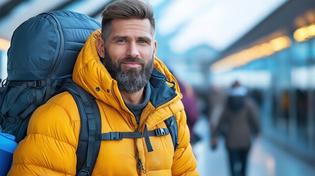 A man with a beard wearing a yellow jacket and carrying a large backpack stands at the airport terminal, looking relaxed while waiting amid a crowd of travelers