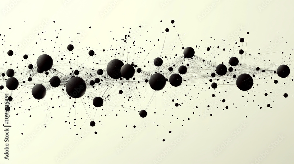 Poster connected black spheres and lines form a network on a light background. concept of data, network, an