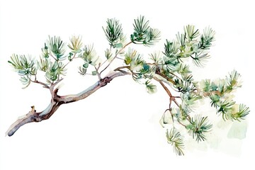 Watercolor Painting of a Pine Branch with Needles