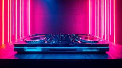 Turntables with neon background, club or disco poster