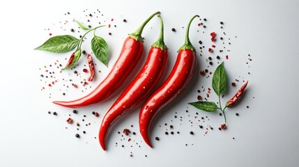 Three red chili peppers with peppercorns and leaves on white background.