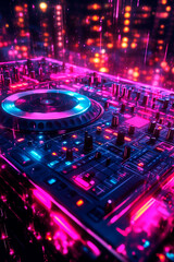 DJ turntables with intense neon lights
