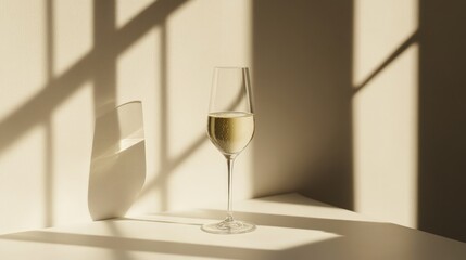 Chic champagne glass in soft sunlight, casting delicate shadows, evoking a serene ambiance with elegance and understated luxury.
