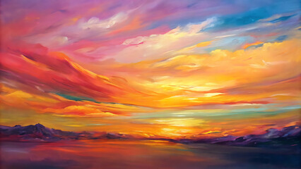Sunset Horizon: Abstract brushstrokes mimicking a vibrant sunset, blending warm orange, pink, and yellow tones with soft gradients.
