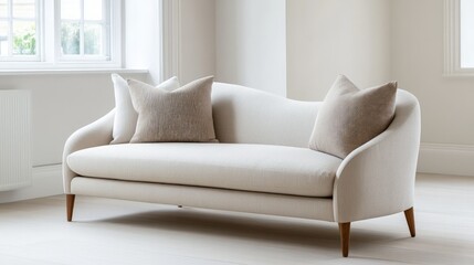 Elegant curved sofa, upholstered in soft beige fabric, adorned with textured throw pillows, set against a serene light-filled room with neutral tones.