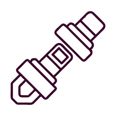 A purple line drawing of a car seat belt. The belt is shown in a close up, with the buckle and the latch clearly visible. Concept of safety and security