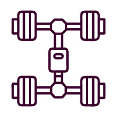 A line drawing of a car's suspension system. The drawing is purple and features four wheels with a large bolt in the middle. The bolt is surrounded by a circle and a square