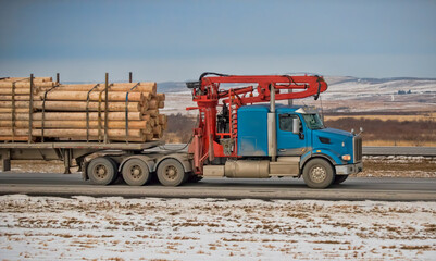 Obraz premium Heavy Cargo on the Road. A truck hauling freight along a highway. Taken in Alberta, Canada