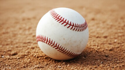 A close-up view of a baseball resting on the sandy infield during a sunny afternoon practice session