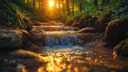 A small stream flows through a mossy forest sunlight shining through the trees.