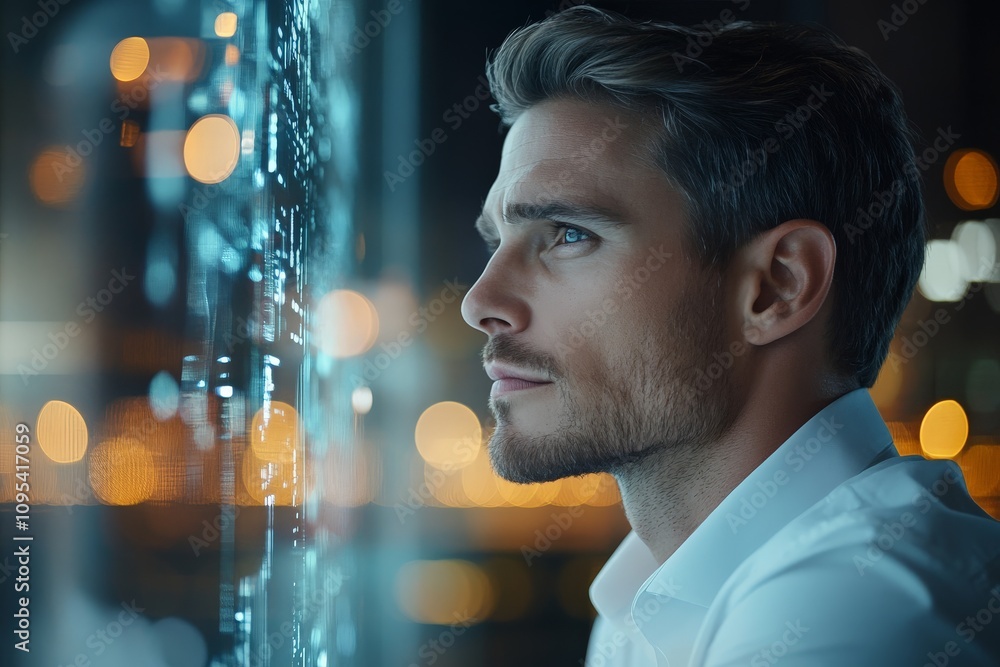 Poster a man intensely examines data on a futuristic display, surrounded by glowing lights, highlighting hi