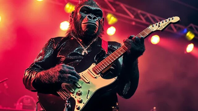 Rocking gorilla playing electric guitar on vibrant stage with colorful lights, intense atmosphere, 4K video