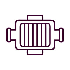 A black and white drawing of a grill with a purple background. The grill is surrounded by a black border and has a white table underneath it