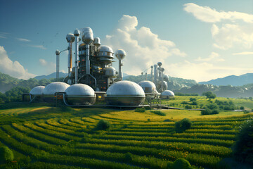 An experimental fantastic agricultural farm of the future on a sunny summer day