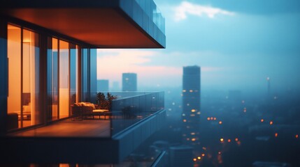 Modern apartment balcony overlooking a hazy city at twilight.
