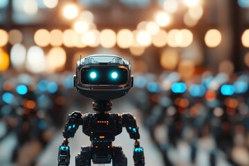 A group of small robots with glowing eyes is assembled within a high-tech hub, emphasizing robotic technology and artificial intelligence development.