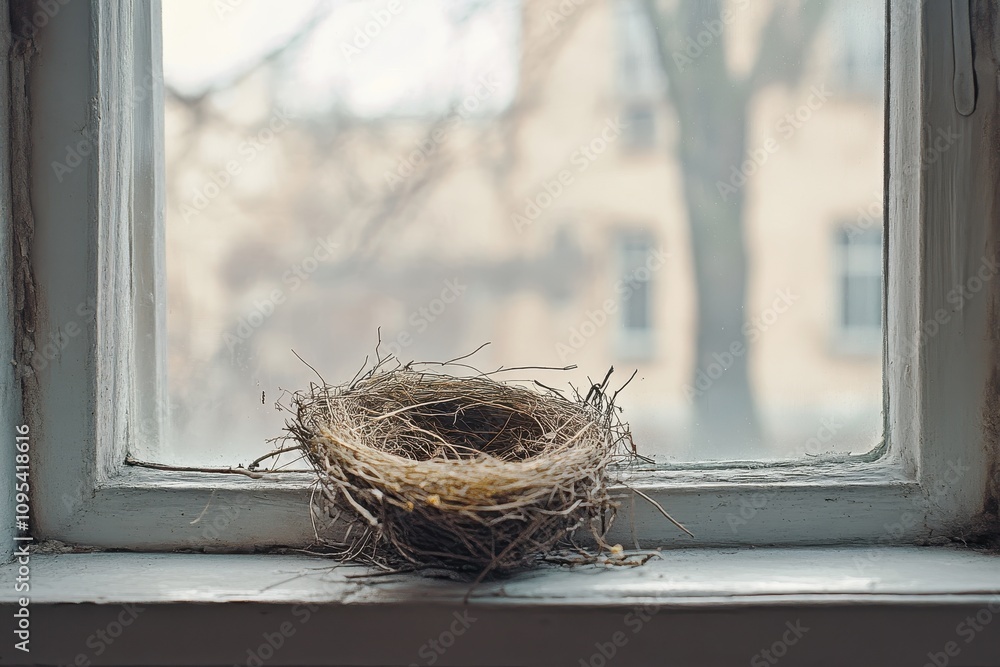 Poster bird nest resting on a windowsill with a soft background view of a blurred outdoor setting