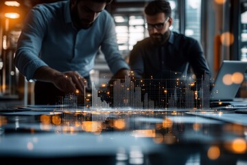 In a high-tech office, two professionals are deeply involved reviewing holographic digital charts, focusing on business data insight and strategic planning.