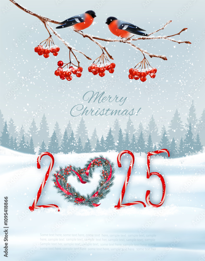 Aufkleber Holiday Christmas background and Happy New Year with red bullfinches on branch of a christmas tree and 2025 numbers. Vector