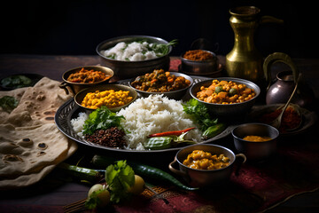 A variety of dishes with spices of Indian cuisine on the table