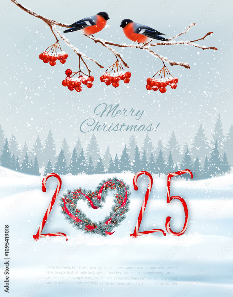 Aufkleber holiday christmas background and happy new year with red bullfinches on branch of a christmas tree a