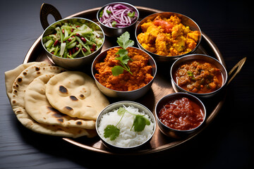A variety of dishes with spices of Indian cuisine on the table