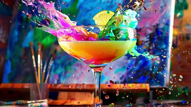 Colorful cocktail splashing in a glass against vibrant abstract art backdrop in an artistic studio setting