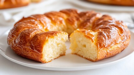 Golden braided cake with a shiny glaze, fluffy interior revealed by a perfect slice, served on a white plate, inviting aroma and delightful sweetness.