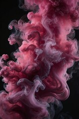 Luxurious pink smoke swirling and glowing against a jet black background. The smoke is airy and bright, with shimmering, metallic pink highlights that reflect the light and create a sense of elegance 