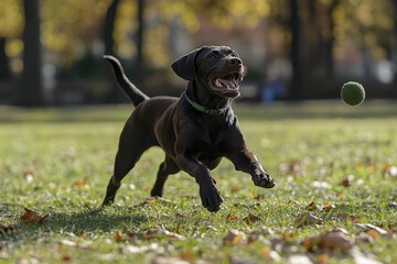 Labrador dog playing on the grass in the park. A puppy. A trained dog doing tricks. A cheerful dog in the forest. Sunny day in the park. Sunset