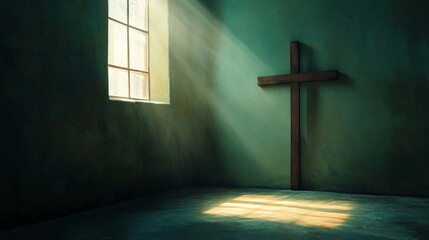 Naklejka premium Sunlight streams through a dusty window onto a solitary wooden cross, illuminating the serene, green-toned walls of a quiet, reflective space.