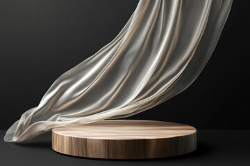 Wooden display podium with a white flying silk cloth on a black background