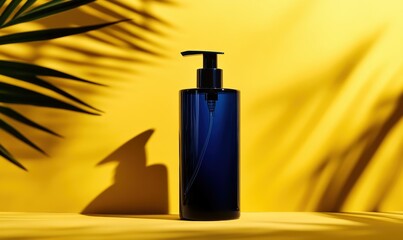 Blue pump bottle with yellow lighting	