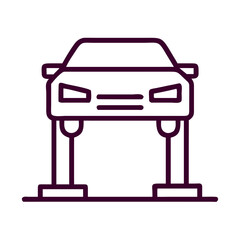 A car is being lifted up by a lift. The car is purple. The lift is black