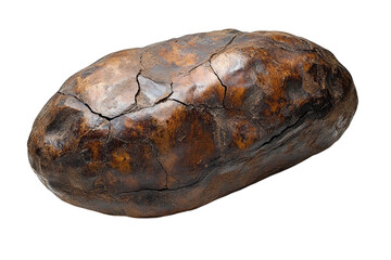 A macro shot of a single cocoa bean, showcasing its rough,