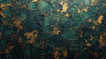 Obraz premium A textured surface featuring green and gold hues with a distressed, layered appearance.