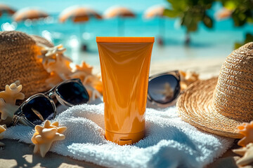 Vibrant Sun Cream Tube Amidst Summer Essentials on a Sandy Beach