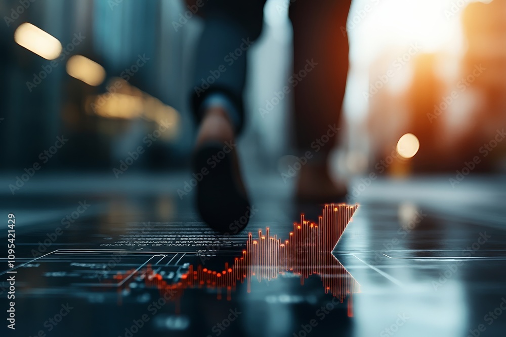 Poster person walking away from a digital interface projecting a glowing red line graph on the ground, symb