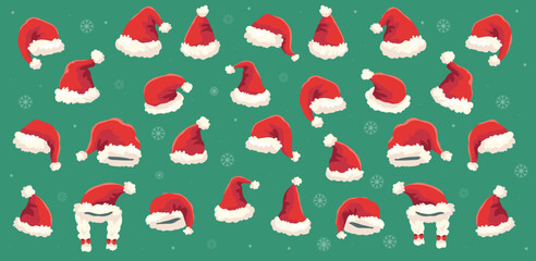 Christmas Santa Hats Set. New Year Red Hat Isolated on Transparent Background. New Year and Christmas. Hats on a green background 