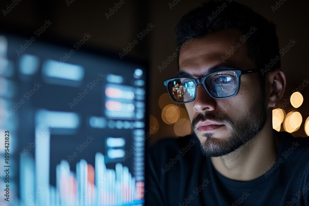 Poster a focused man wearing glasses concentrates on analyzing graphs and data on a computer screen, sugges