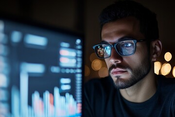 A focused man wearing glasses concentrates on analyzing graphs and data on a computer screen, suggesting a tech-savvy environment and professional engagement.