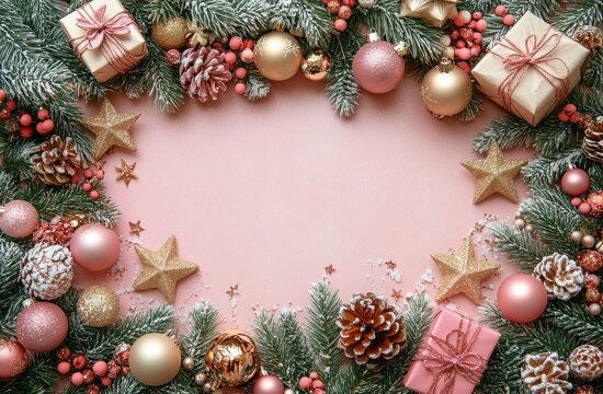 Festive holiday decorations with pink and gold ornaments surrounding colorful gift boxes
