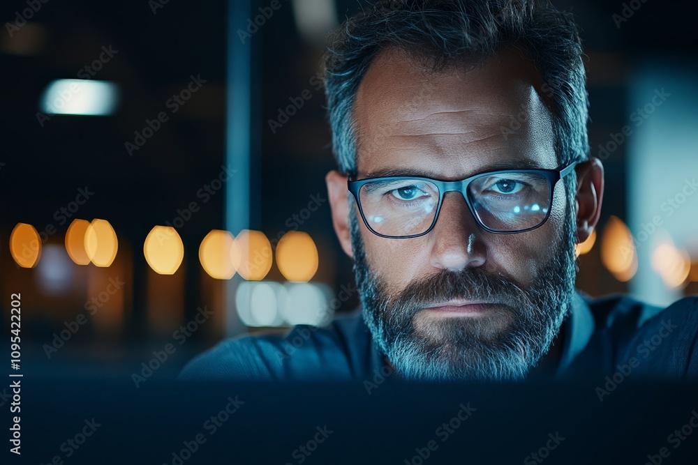 Poster a serious man concentrated on his work while using a computer at night, emphasizing dedication and f