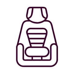 A purple chair with a striped cushion and a dog on the back. The chair is designed to look like a car seat