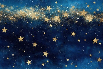 Deep Blue and Gold Starry Sky Background with Glittering Highlights