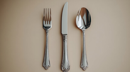 A modern design of silver cutlery set, including a knife, fork, and spoon, aligned symmetrically on a soft cream background,