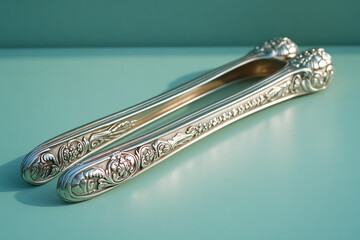 A pair of intricately designed silver tongs, highlighted against a neutral pastel green surface,