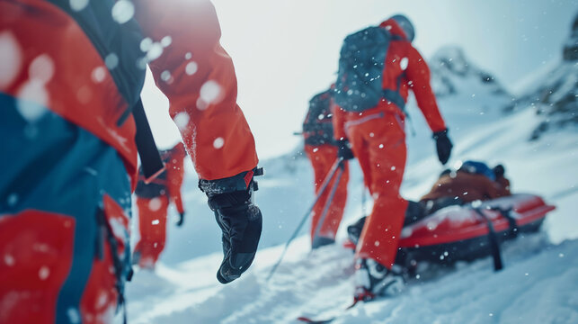 Accident in the mountains. A group of mountain rescuers in the snowy mountain landscape. Mountain search and rescue team and man on a toboggan or emergency rescue sled.