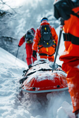 Accident in the mountains. A group of mountain rescuers in the snowy mountain landscape. Mountain search and rescue team and man on a toboggan or emergency rescue sled.